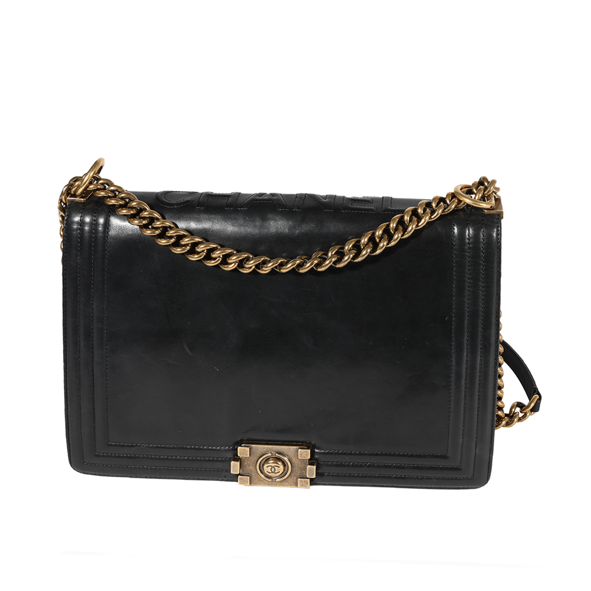 Chanel Black Glazed Leather Large Reverso Boy Bag