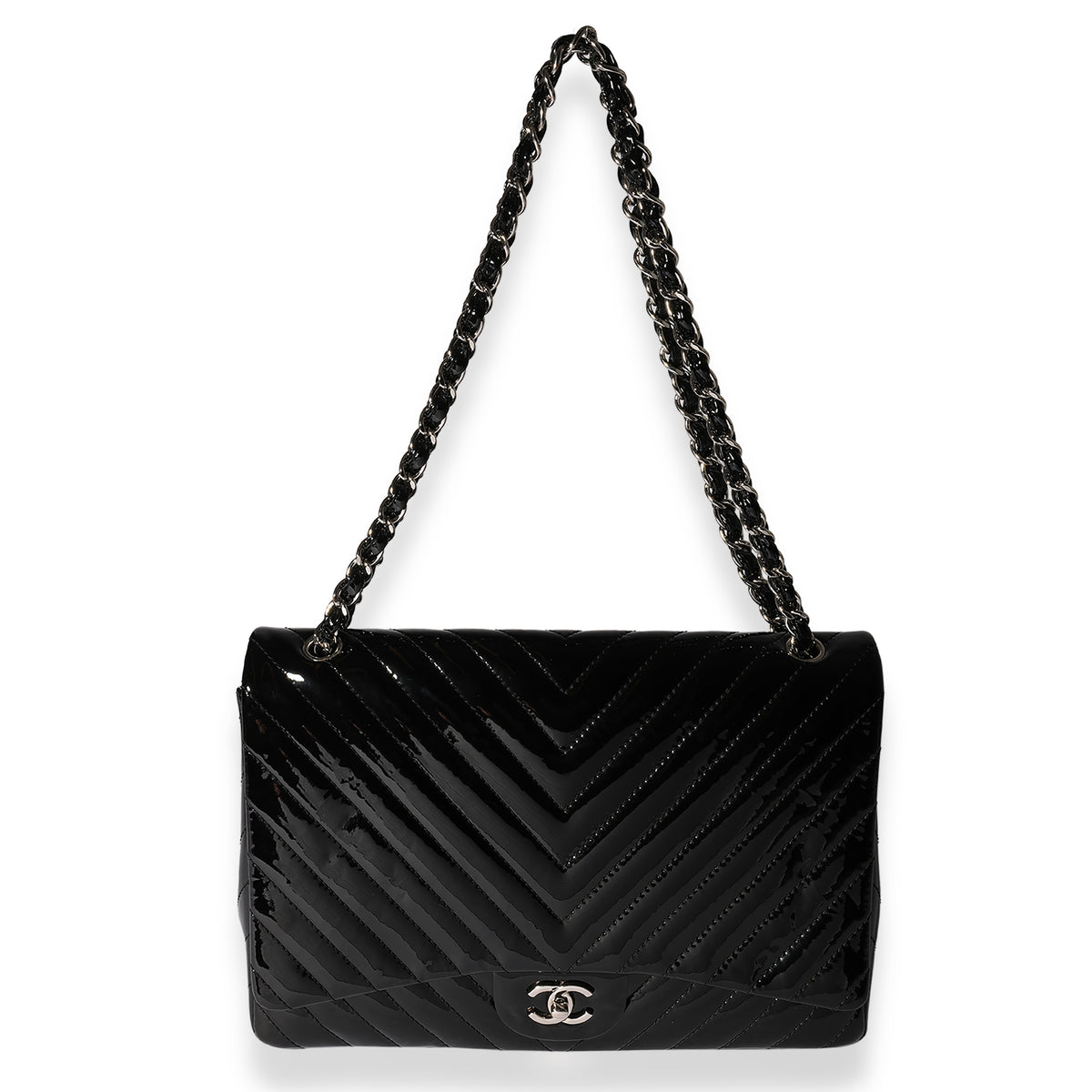 Chanel Black Patent Leather Chevron Quilted Maxi Classic Single Flap Bag