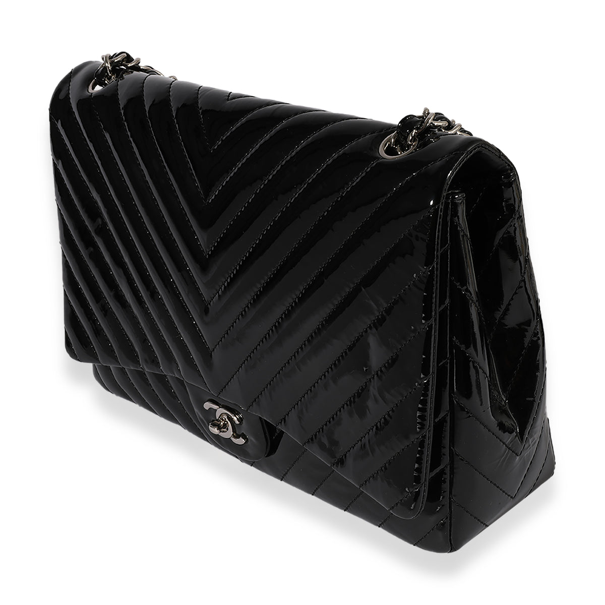 Chanel Black Patent Leather Chevron Quilted Maxi Classic Single Flap Bag