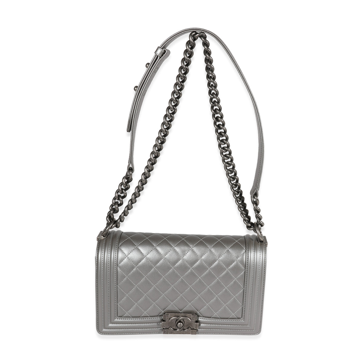 Chanel Silver Quilted Caviar Medium Boy Bag
