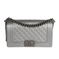 Chanel Silver Quilted Caviar Medium Boy Bag