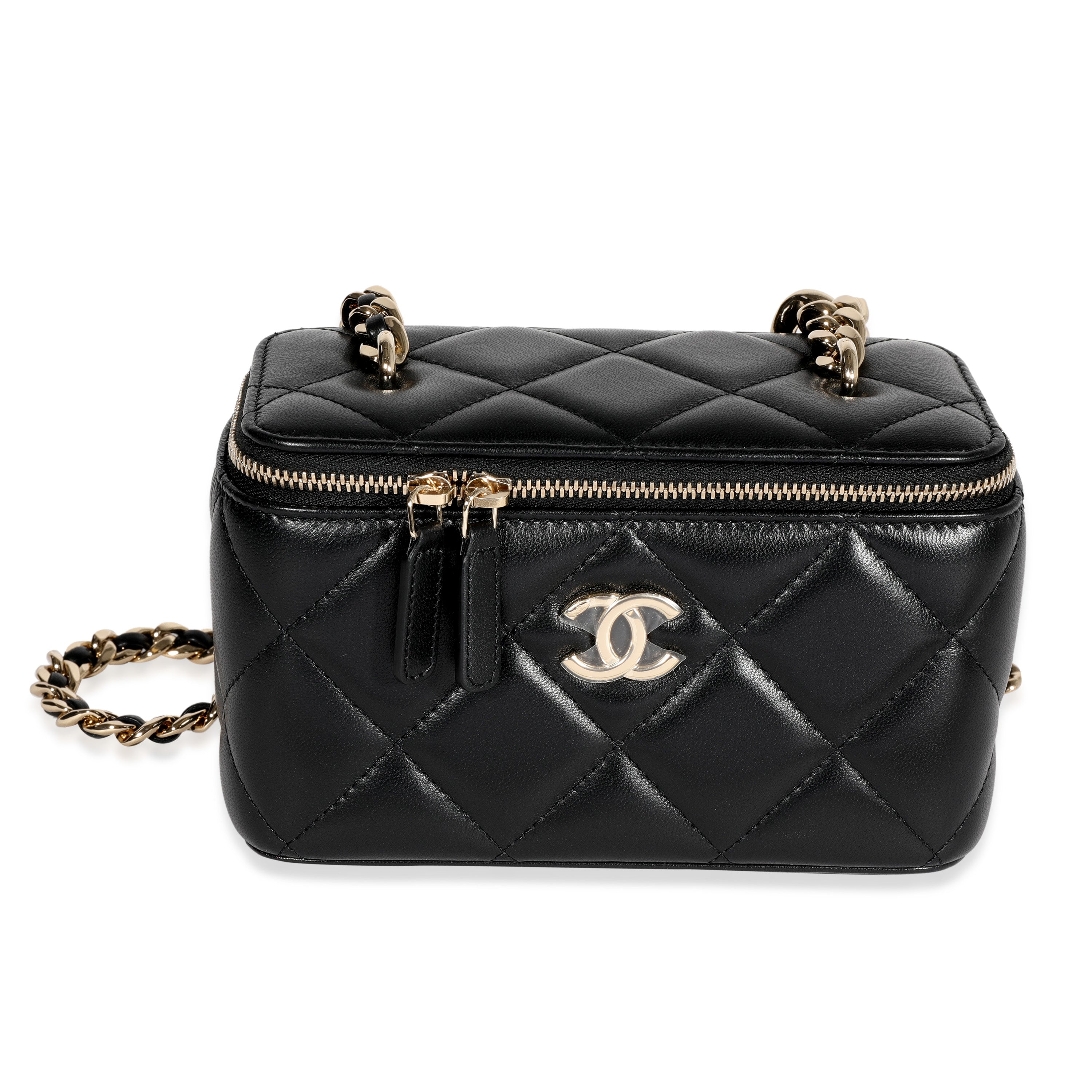 Authentic NEW Chanel Black Quilted Lambskin Leather Top Handle Vanity Case  with Chain