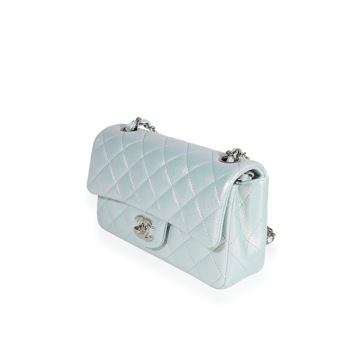 Chanel Iridescent Light Blue Quilted Calfskin Mini Rectangular Classic Flap, myGemma, DE