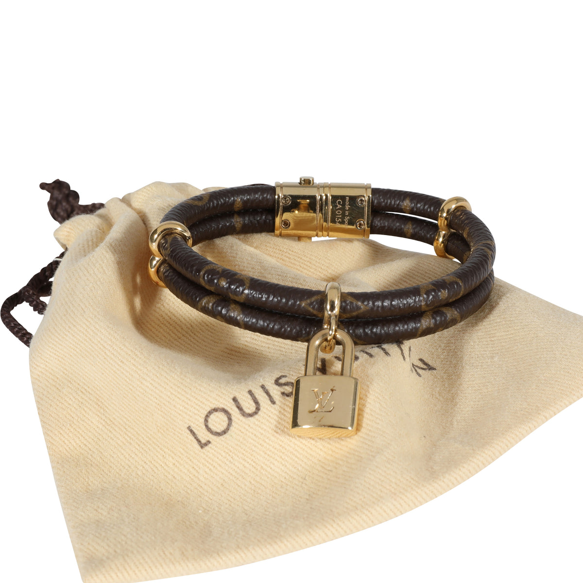 Louis Vuitton Brown Monogram Leather Gold Tone Lock Charm Keep it Twice  Bracelet Louis Vuitton