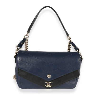 Chanel Blue & Black Chevron Calfskin Double Envelope Flap Bag