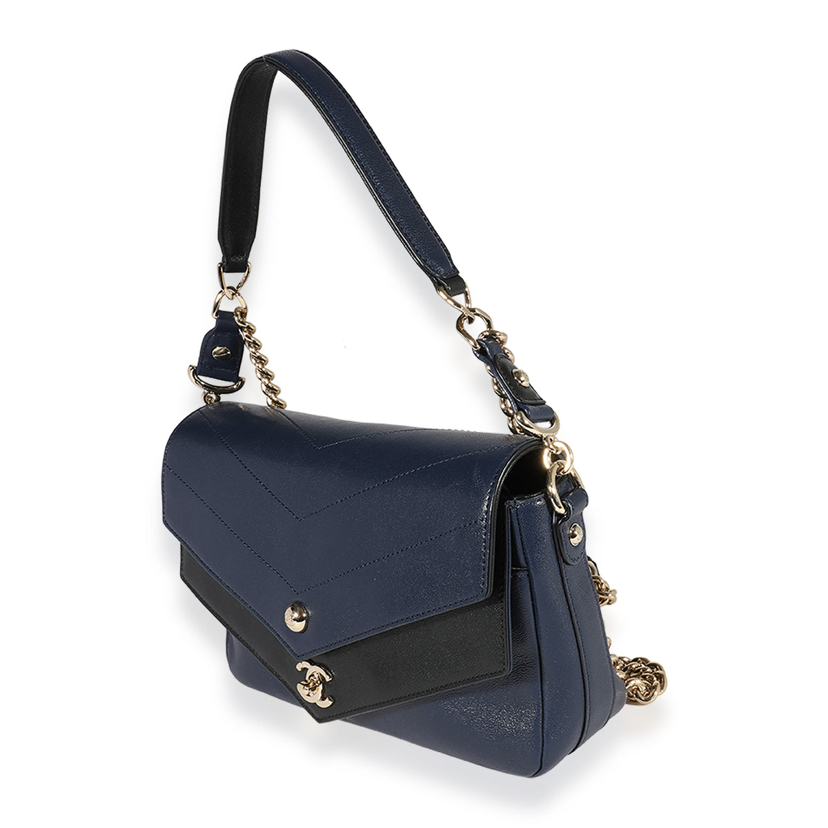 Chanel Blue & Black Chevron Calfskin Double Envelope Flap Bag