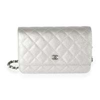 Chanel Silver Quilted Caviar Wallet On Chain