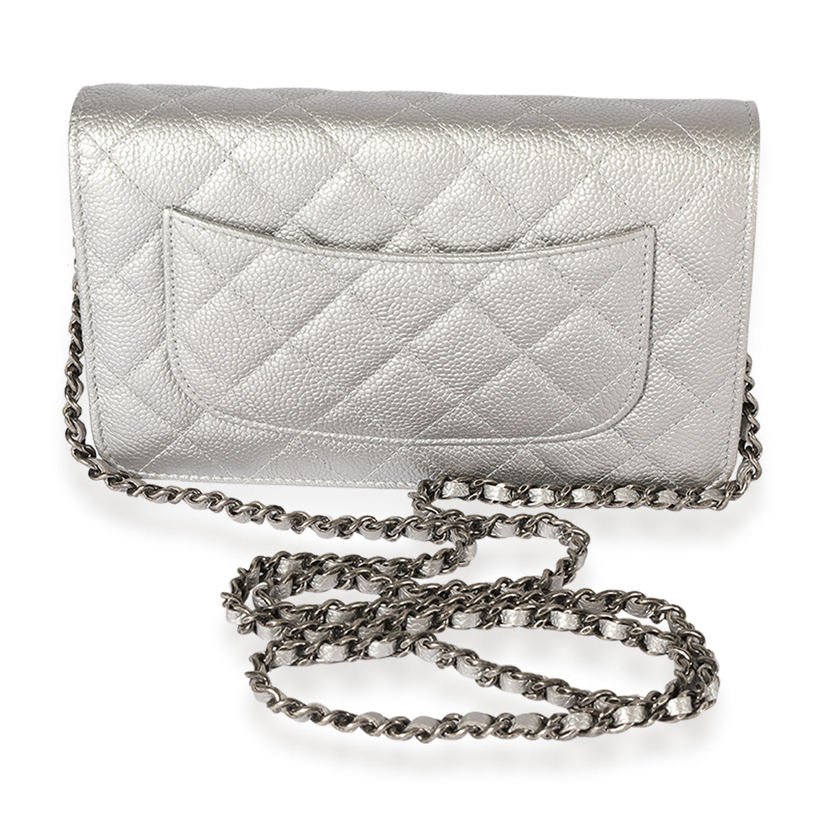 Chanel Silver Quilted Caviar Wallet On Chain