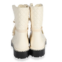 CHANEL Lambskin Pearl Chain CC Combat Boots 37 Ivory Black