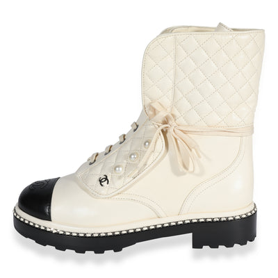 CHANEL Lambskin Pearl Chain CC Combat Boots 37 Ivory Black