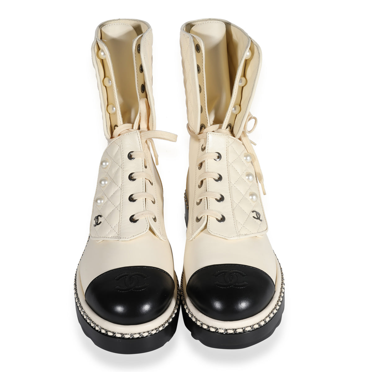 CHANEL Lambskin Pearl Chain CC Combat Boots 37 Ivory Black