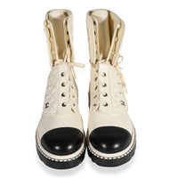 CHANEL Lambskin Pearl Chain CC Combat Boots 37 Ivory Black