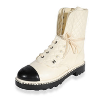 CHANEL Lambskin Pearl Chain CC Combat Boots 37 Ivory Black