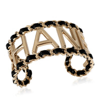 Gold Tone Chanel Leather Logo Chain Cuff, Size Medium