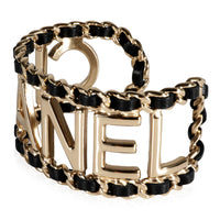 Gold Tone Chanel Leather Logo Chain Cuff, Size Medium