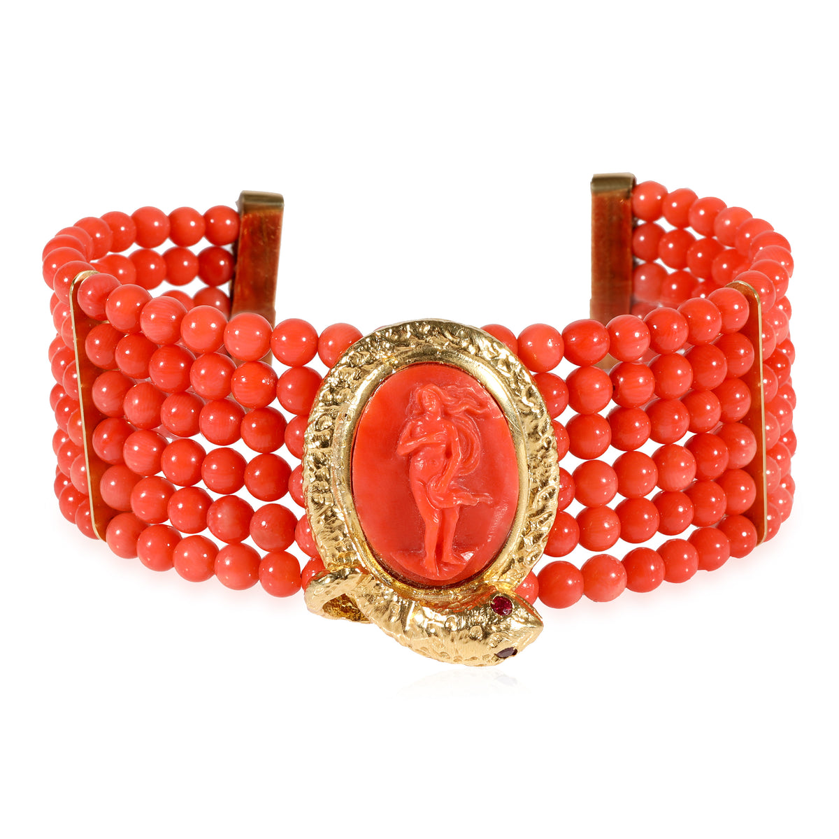 Italian Bracelet, Coral Beads & Cameo Center, 18k Yellow Gold with Snake Detail