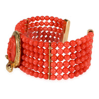 Italian Bracelet, Coral Beads & Cameo Center, 18k Yellow Gold with Snake Detail