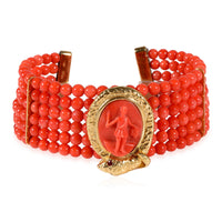 Coral Beads & Cameo Center Bracelet in 18k Yellow Gold with Snake Detail