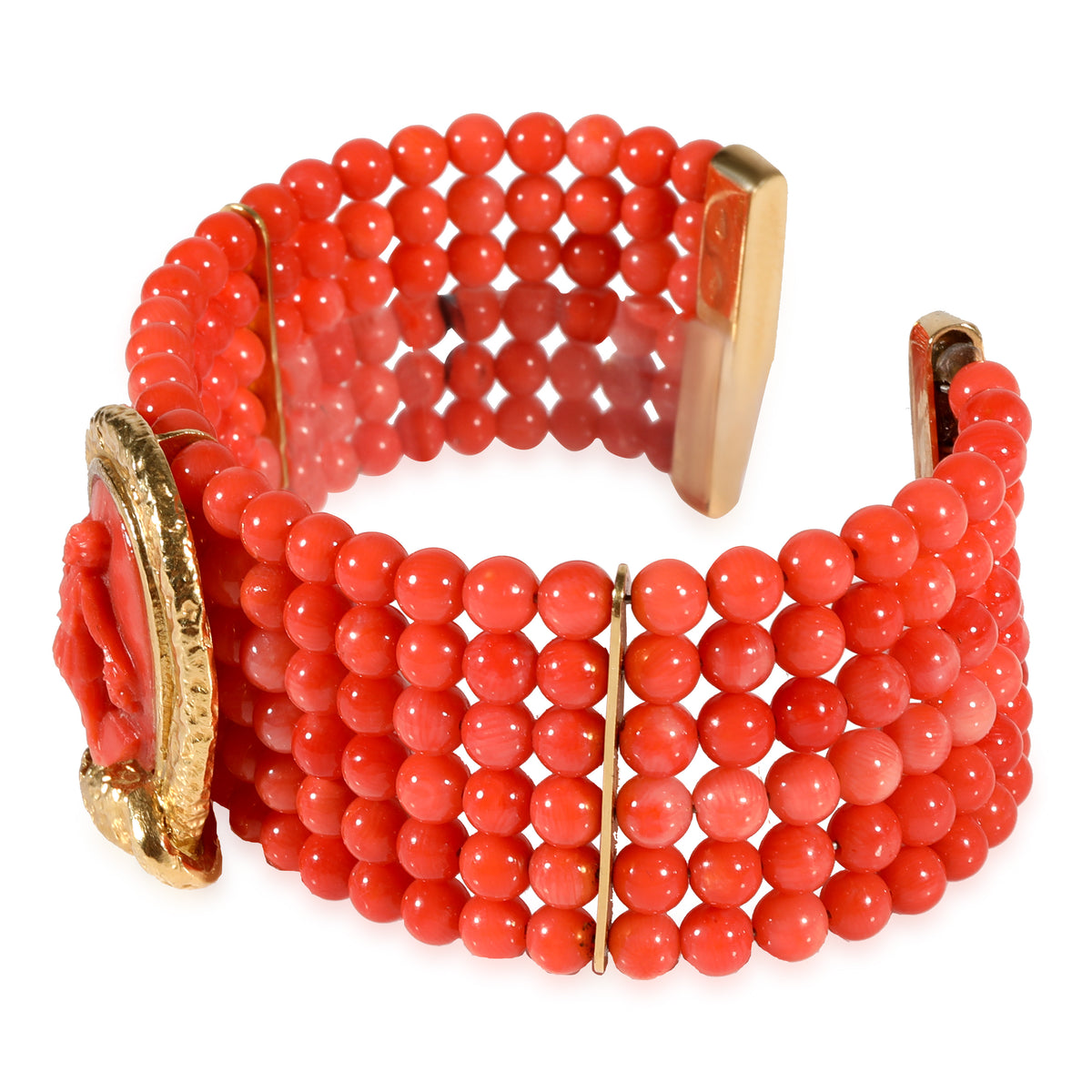 Coral Beads & Cameo Center Bracelet in 18k Yellow Gold with Snake Detail