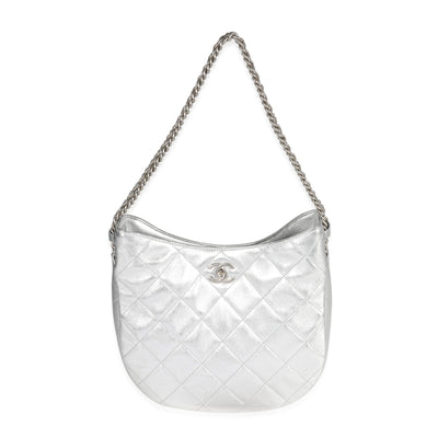 Silver Quilted Lambskin Chain Hobo