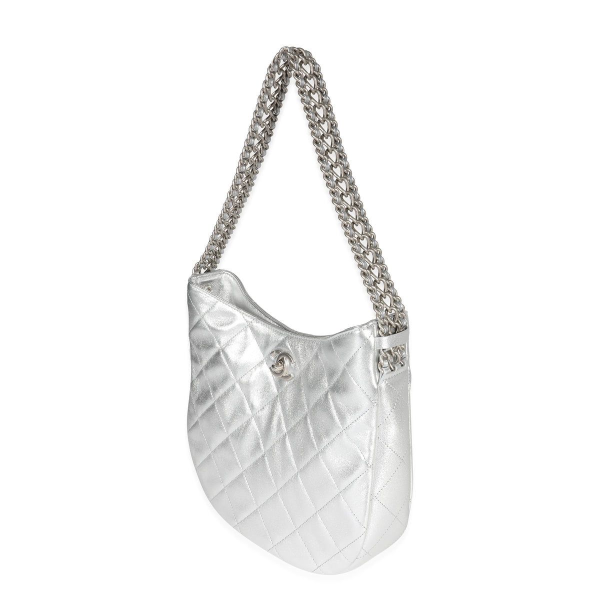 Silver Quilted Lambskin Chain Hobo