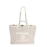 Chanel Beige Wool & Cream Leather Large Deauville Tote