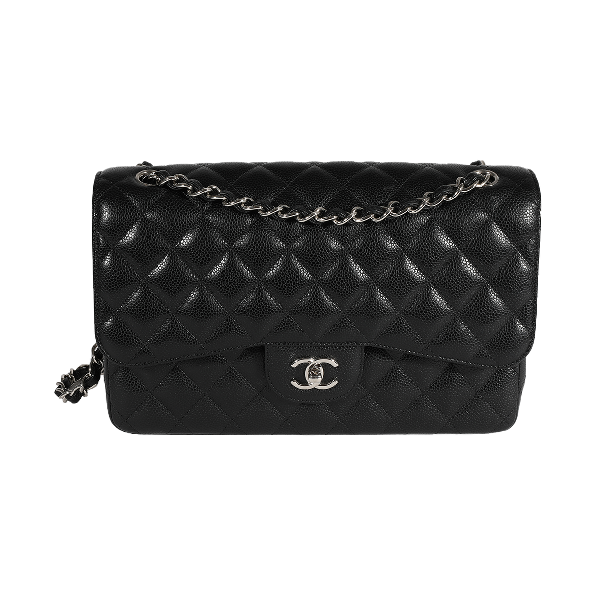 Chanel Black Quilted Caviar Jumbo Classic Double Flap Bag Silver