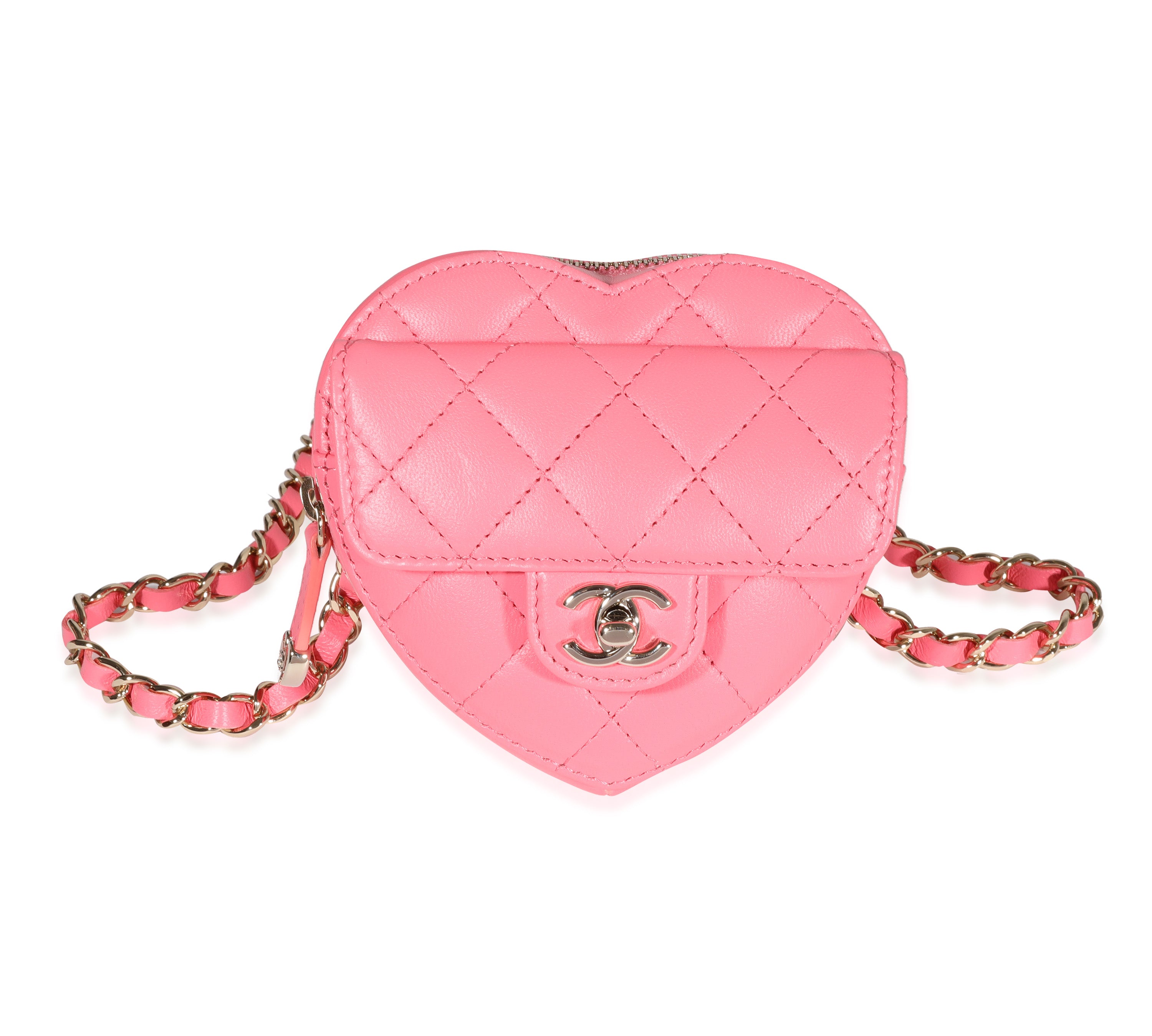 Chanel Pink Quilted Lambskin Heart Chain Valentine Flap Silver