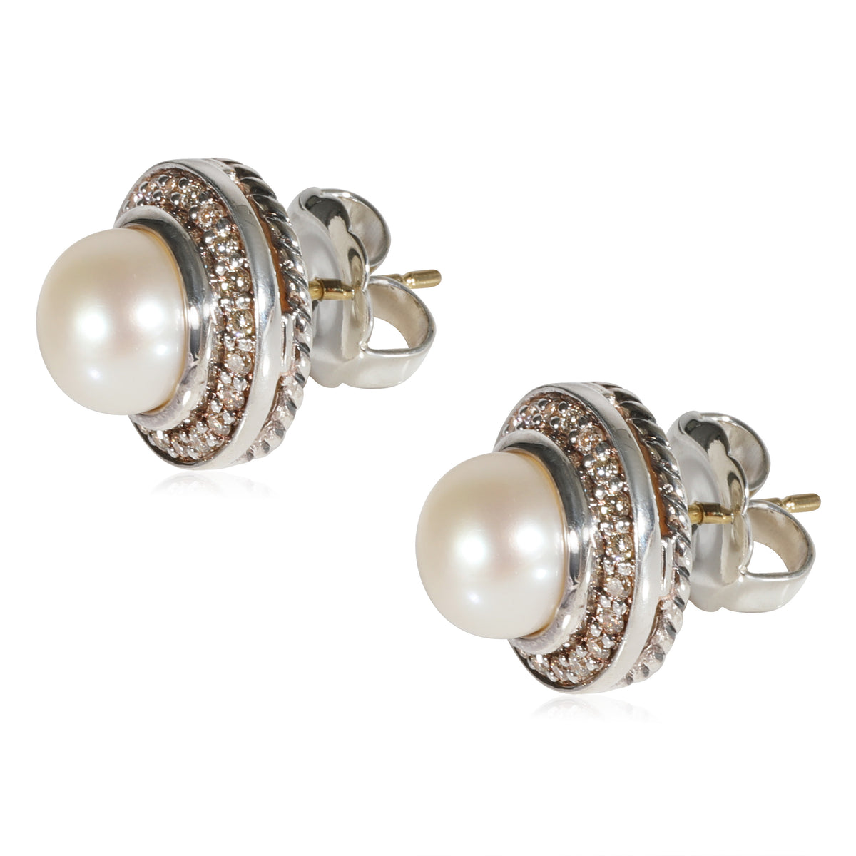 David Yurman Cerise Pearl Diamond Earrings in Sterling Silver 0.29 CTW