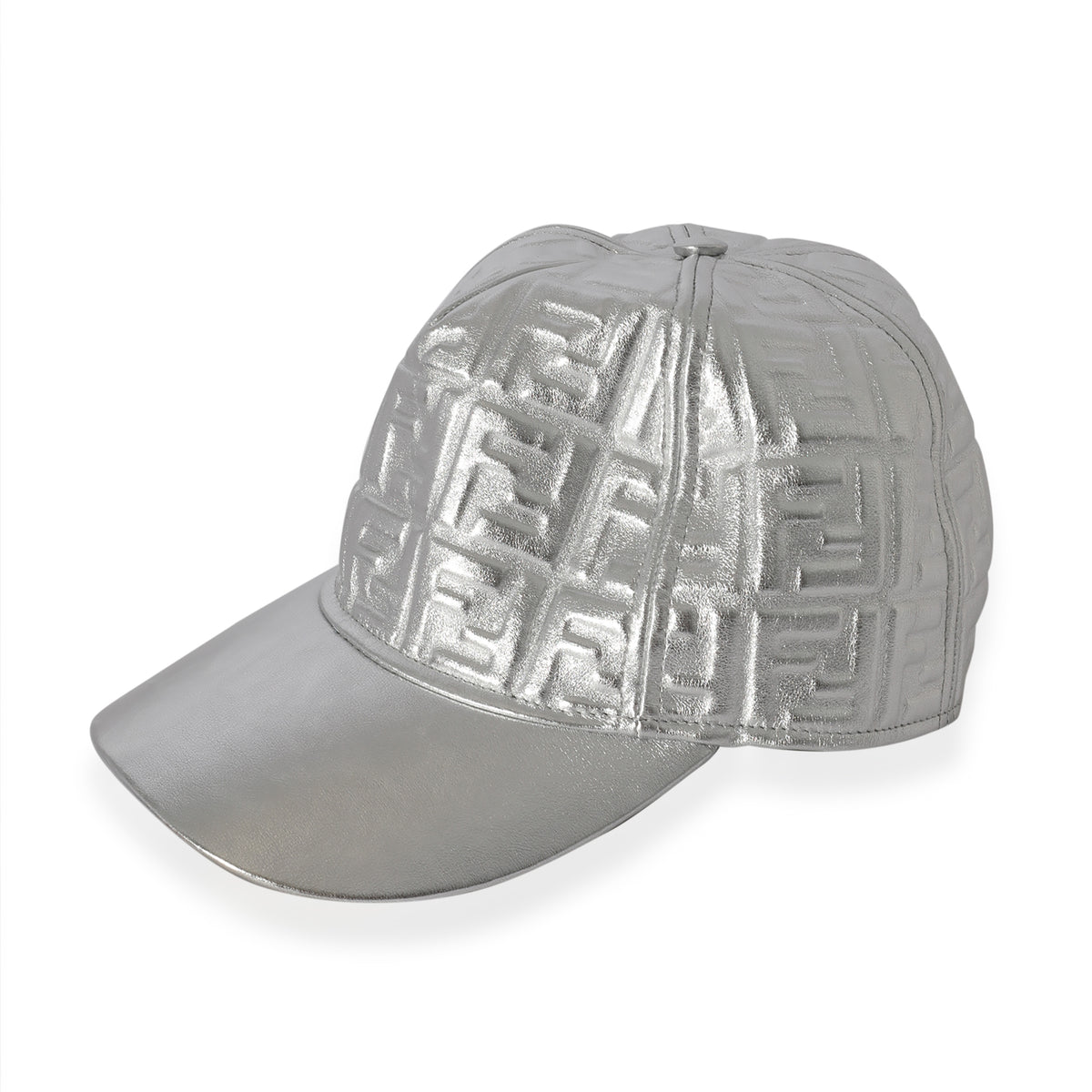 Fendi Metallic Silver FF Motif Embossed Leather Baseball Cap