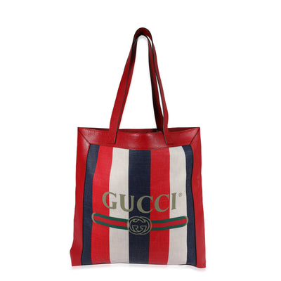 Gucci Red, White, & Blue Logo Stripe Canvas and Leather Tote