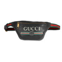 Gucci Black Grained Calfskin Logo Print Small Belt Bag