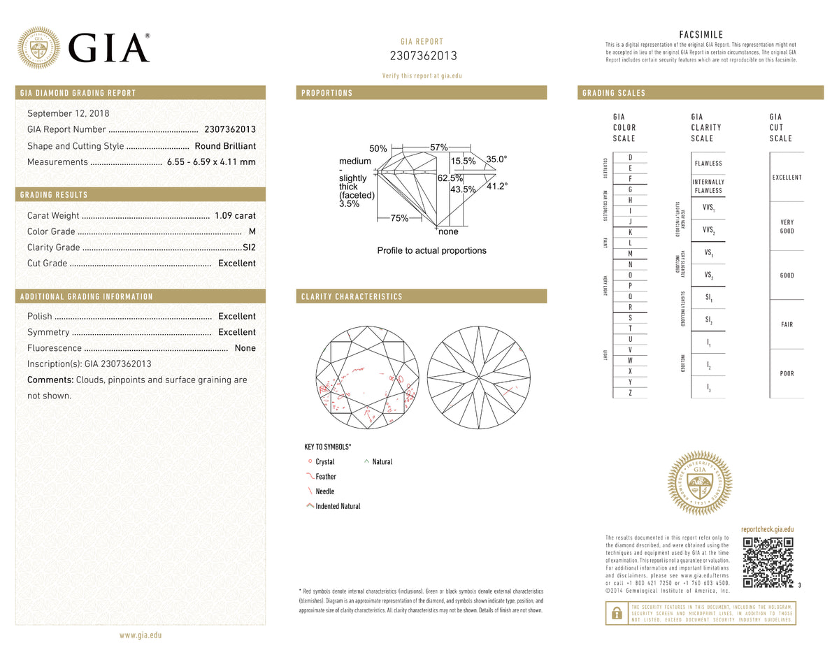 GIA Certified 1.09 Ct Round cut M SI2 Loose Diamond