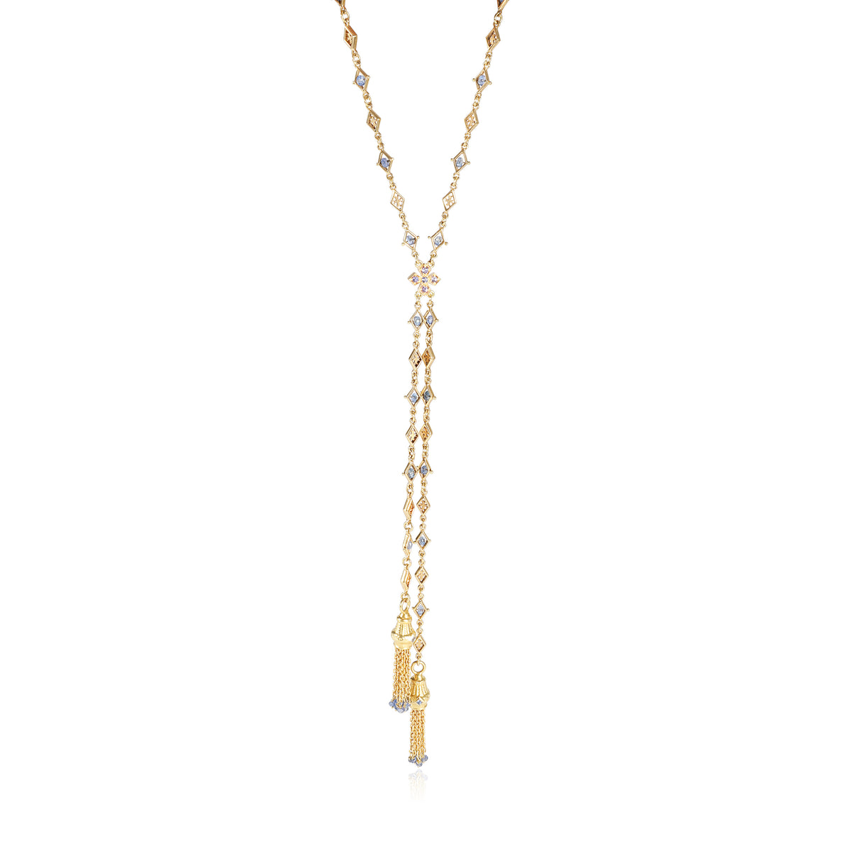 Matinee Necklace with Two Tassels Ending in  Beaded Sapphires, 18k Yellow Gold