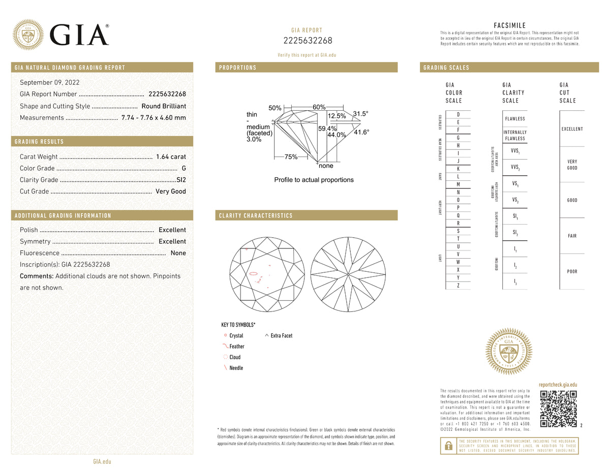 GIA Certified 1.64 Ct Round cut G SI2 Loose Diamond