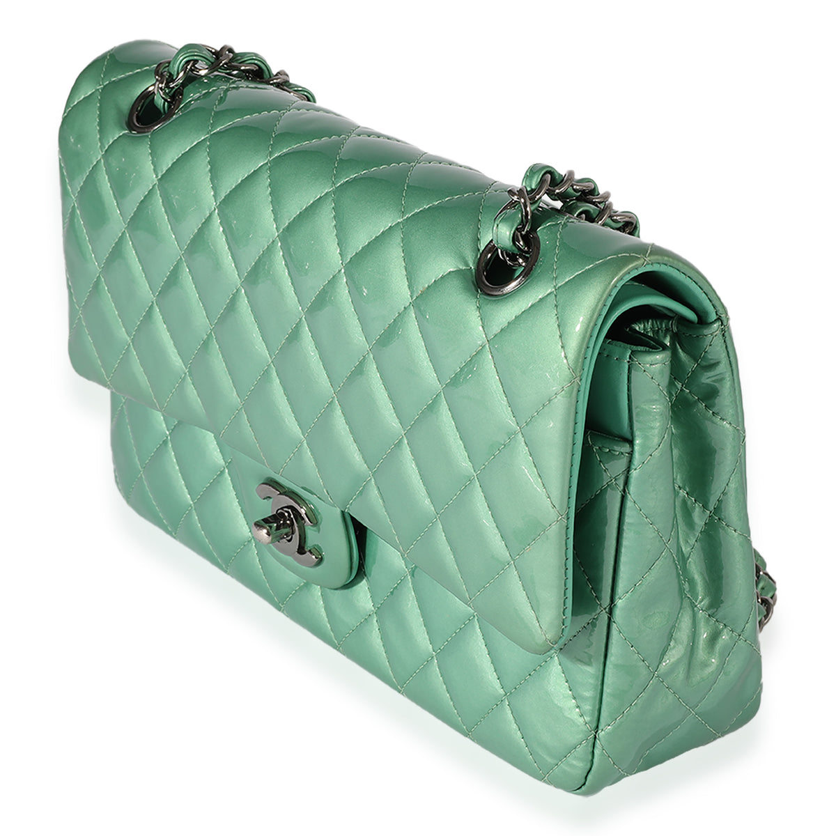 Chanel Seafoam Quilted Patent Leather Medium Classic Double Flap Bag, myGemma