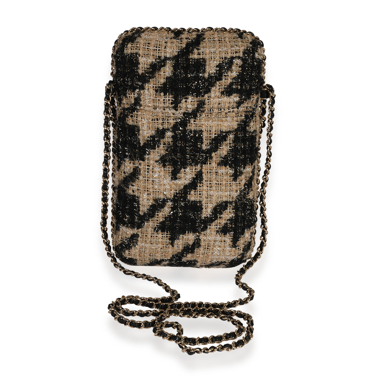 Chanel Metallic Houndstooth Print Tweed Phone Holder Crossbody