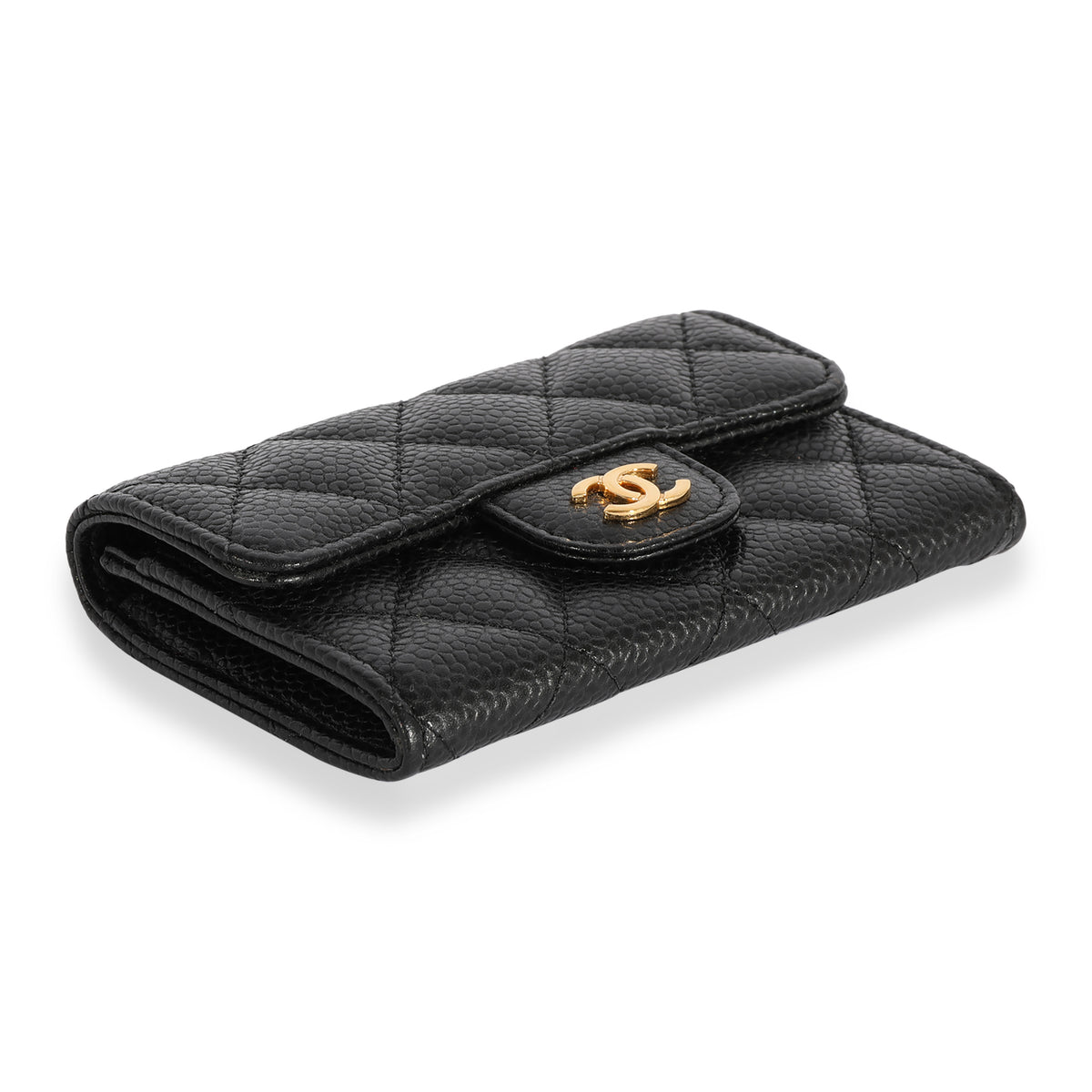 CHANEL Classic Quilted Black Caviar Leather Flap Card Holder Wallet