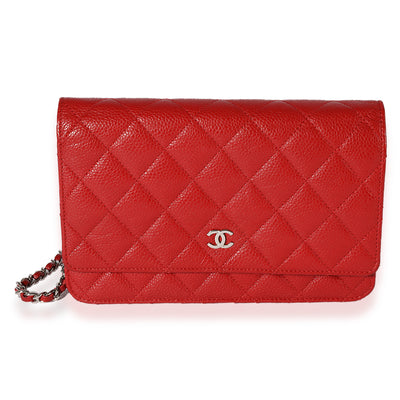 Chanel Red Quilted Caviar Wallet On Chain