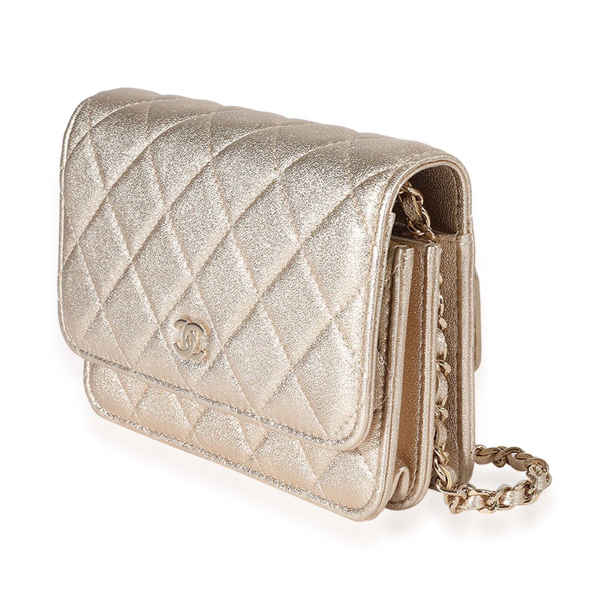 Chanel Metallic Gold Quilted Goatskin Mini Wallet On Chain