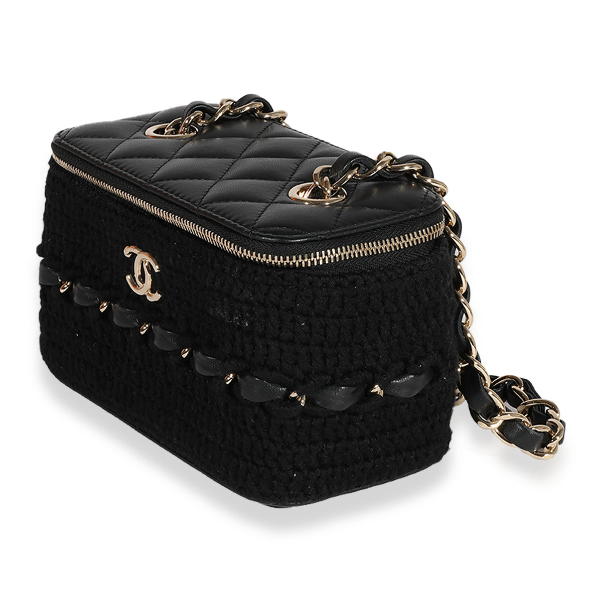 Chanel Black Quilted Lambskin & Crochet Vanity Case with Chain