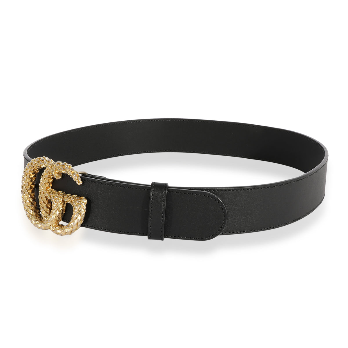 Gucci Double G Gold Buckle Textured Leather Belt 1.5 Width Black