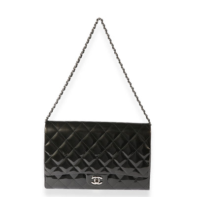 Chanel Black Vertical Stripe Patent Classic Flap Clutch with Chain