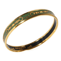 Hermes Gold Plated Narrow Green Enamel Mors de Filet Bangle (62MM)