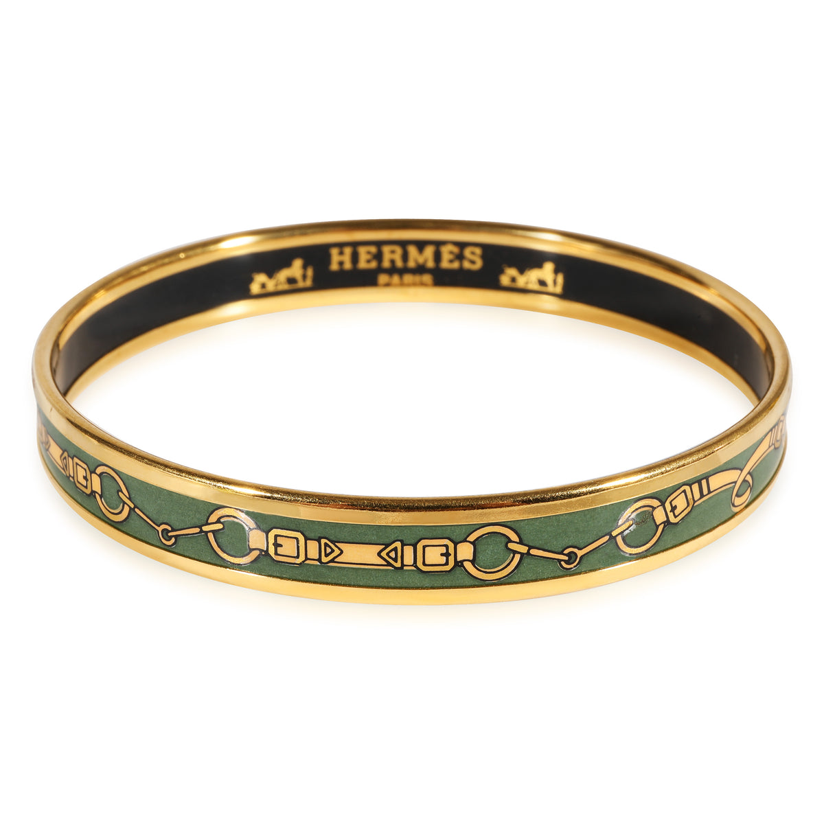 Hermes Gold Plated Narrow Green Enamel Mors de Filet Bangle (62MM)