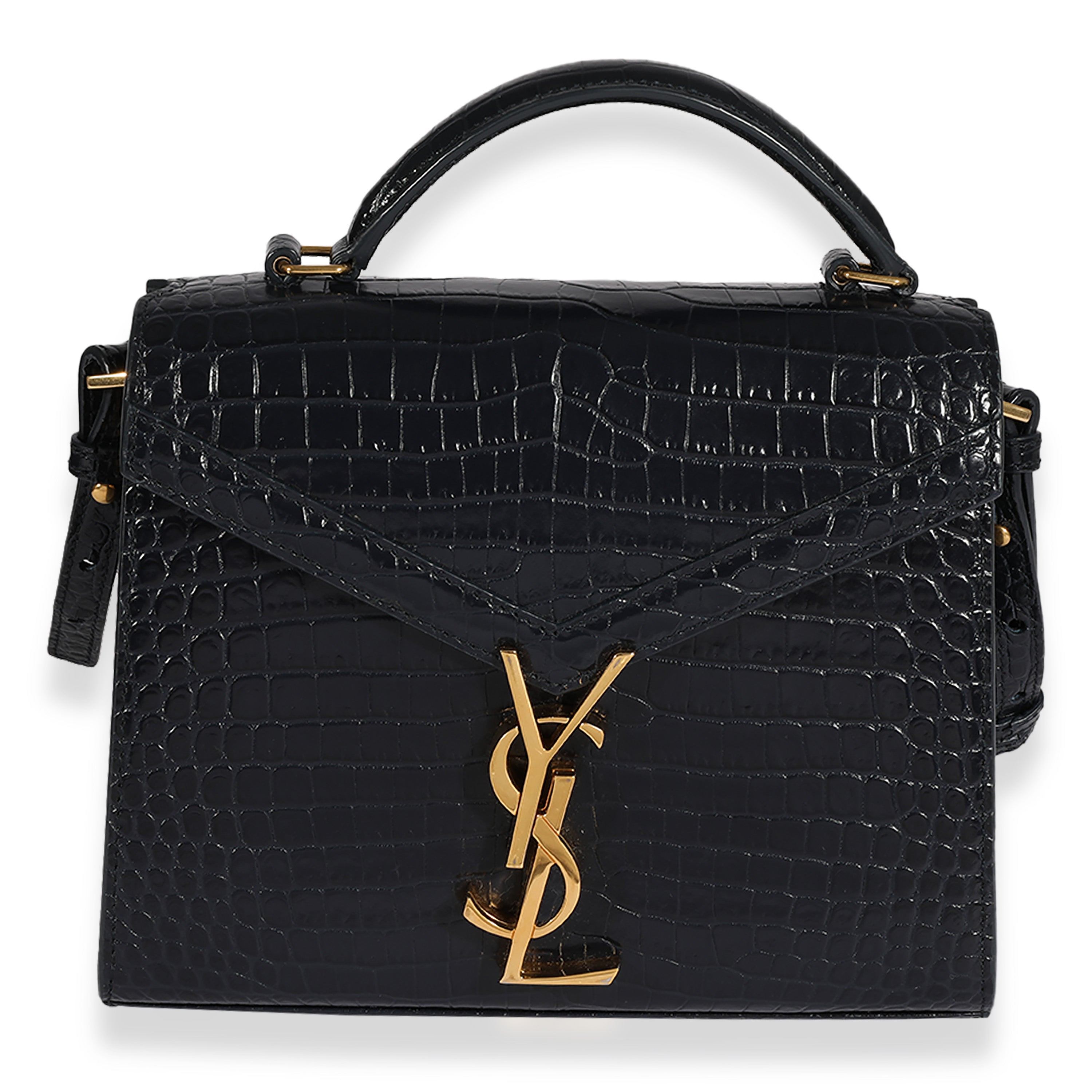Saint Laurent Navy Crocodile-Embossed Mini Cassandra Top Handle