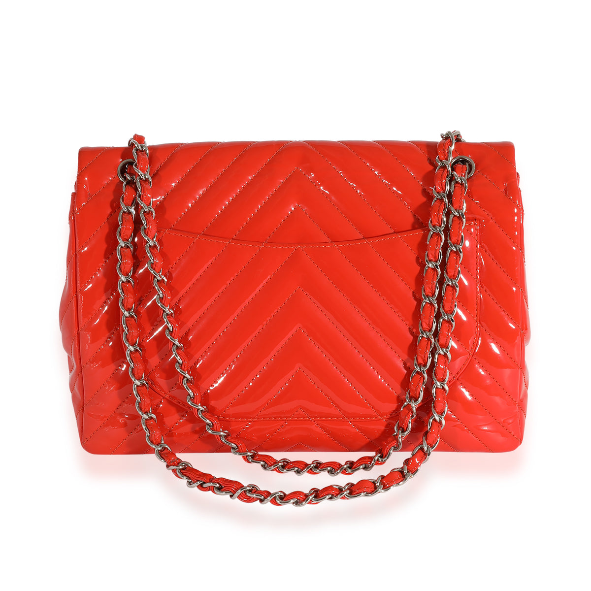 Chanel Coral Chevron Quilted Patent Leather Maxi Classic Single Flap Bag