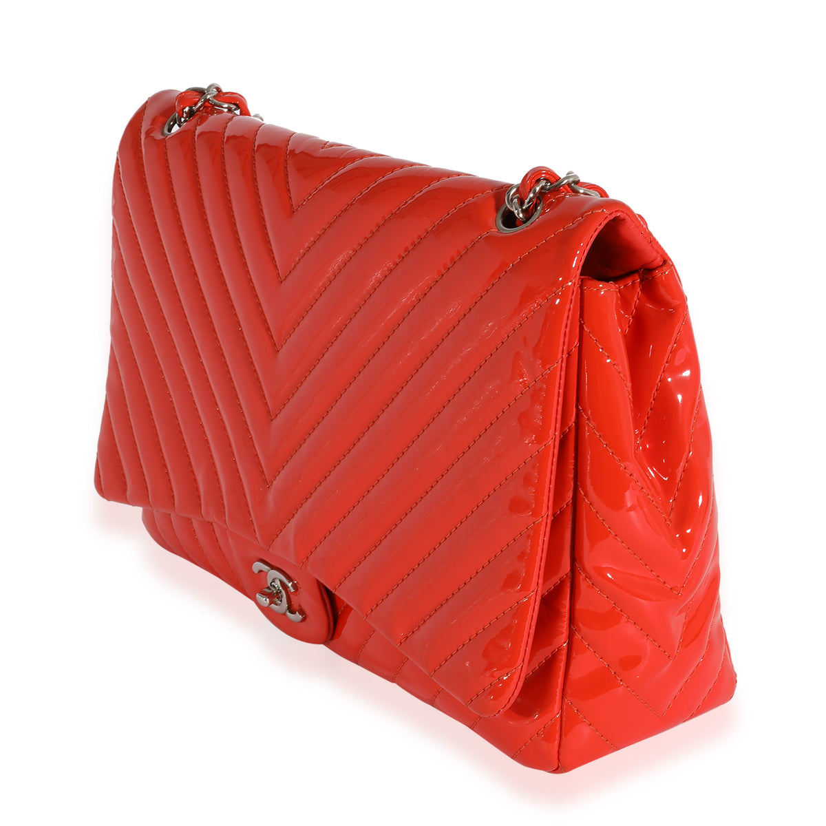 Chanel Red Chevron Quilted Patent Leather Medium Single Flap Bag