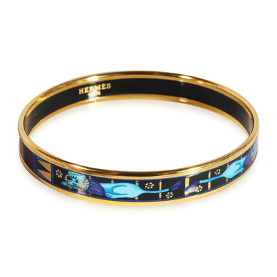 Hermès Plated Narrow Blue Enamel Crouching Cats Bangle Bracelet, 9mm