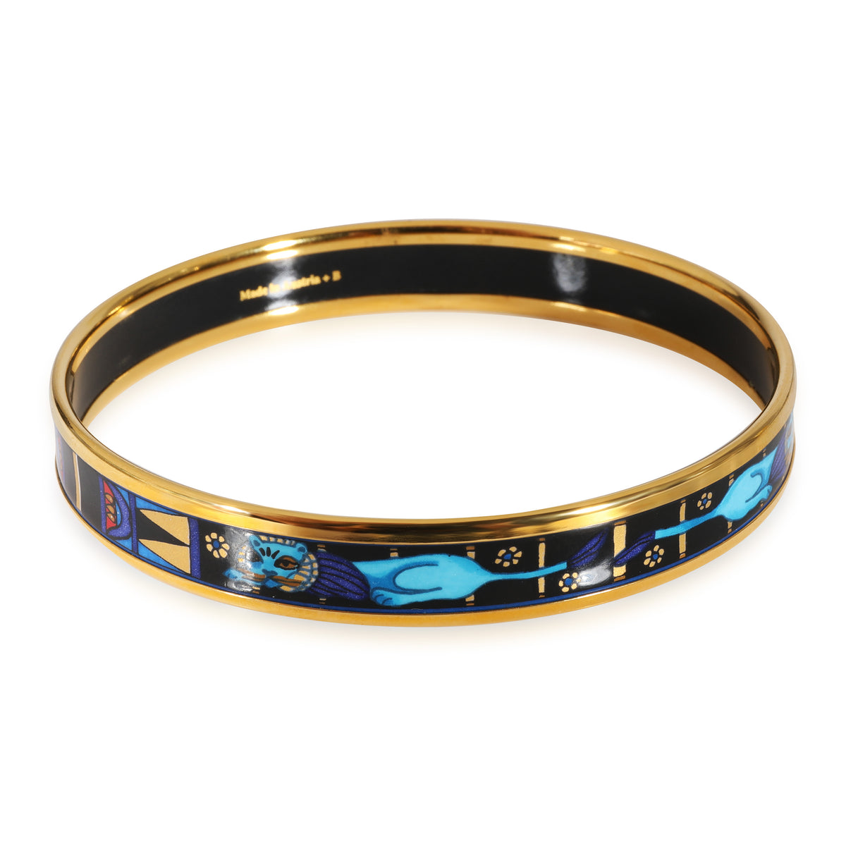 Hermès Plated Narrow Blue Enamel Crouching Cats Bangle Bracelet, 9mm